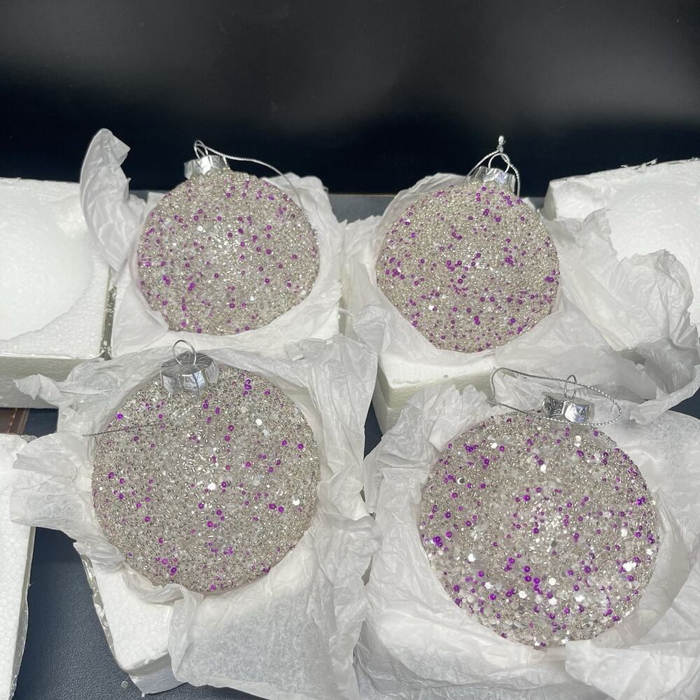 Ornate Glitter Bead Christmas Dangle Ornaments Lot Of 4, Silver Purple 4” Globes